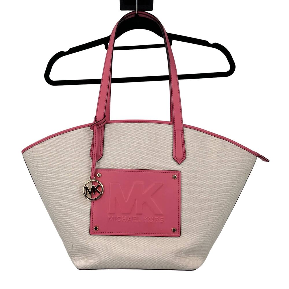 Michael Kors Cream White Pink Shoulder Kimber Large Cotton Canvas Tote Bag Purse